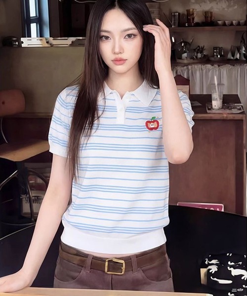 AsheKsha(アシクシャ)の「ストライプのラペル付き半袖ポロシャツ(Tシャツ/カットソー・レディース・ホワイト・M)」の11枚目の写真