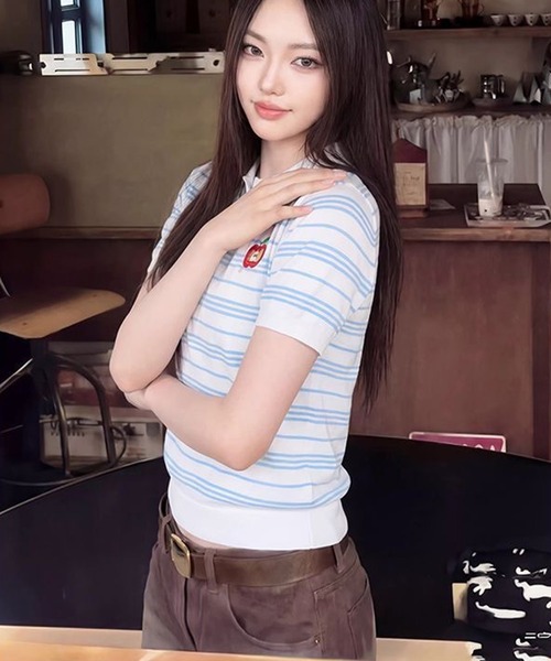 AsheKsha(アシクシャ)の「ストライプのラペル付き半袖ポロシャツ(Tシャツ/カットソー・レディース・ホワイト・M)」の12枚目の写真