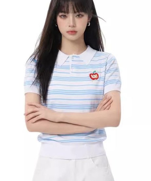 AsheKsha(アシクシャ)の「ストライプのラペル付き半袖ポロシャツ(Tシャツ/カットソー・レディース・ホワイト・M)」の14枚目の写真