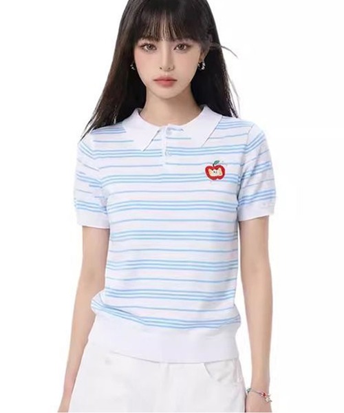 AsheKsha(アシクシャ)の「ストライプのラペル付き半袖ポロシャツ(Tシャツ/カットソー・レディース・ホワイト・M)」の15枚目の写真