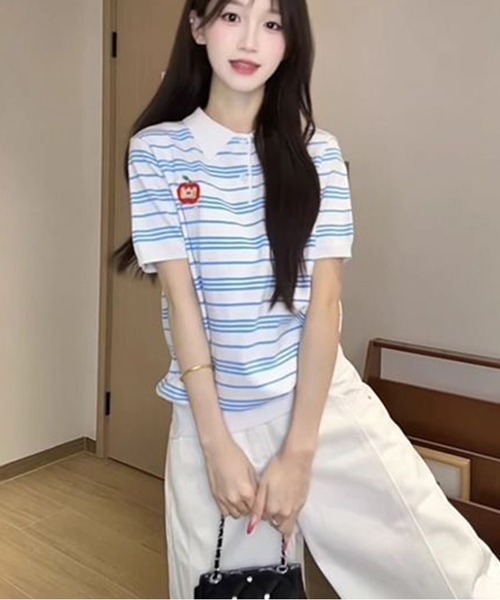 AsheKsha(アシクシャ)の「ストライプのラペル付き半袖ポロシャツ(Tシャツ/カットソー・レディース・ホワイト・M)」の16枚目の写真