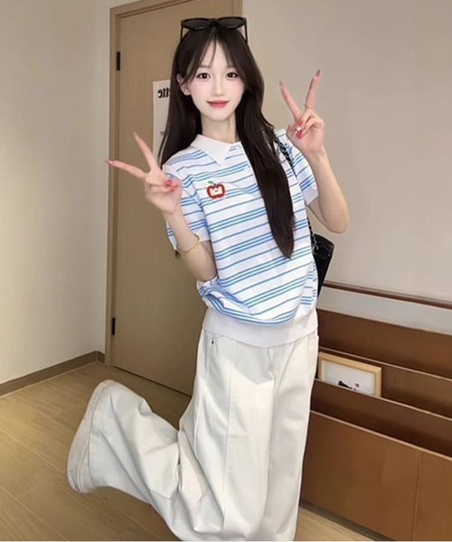 AsheKsha(アシクシャ)の「ストライプのラペル付き半袖ポロシャツ(Tシャツ/カットソー・レディース・ホワイト・M)」の17枚目の写真