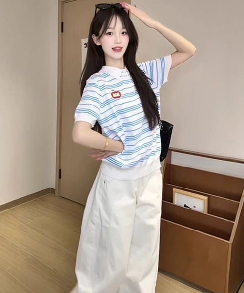 AsheKsha(アシクシャ)の「ストライプのラペル付き半袖ポロシャツ(Tシャツ/カットソー・レディース・ホワイト・M)」の18枚目の写真