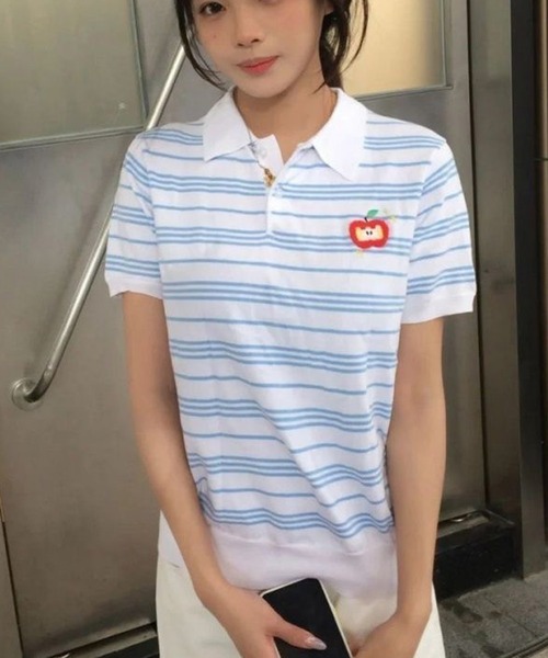 AsheKsha(アシクシャ)の「ストライプのラペル付き半袖ポロシャツ(Tシャツ/カットソー・レディース・ホワイト・M)」の19枚目の写真