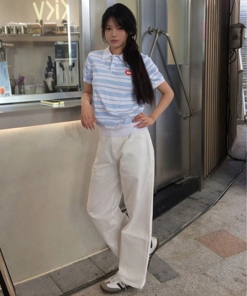 AsheKsha(アシクシャ)の「ストライプのラペル付き半袖ポロシャツ(Tシャツ/カットソー・レディース・ホワイト・M)」の21枚目の写真