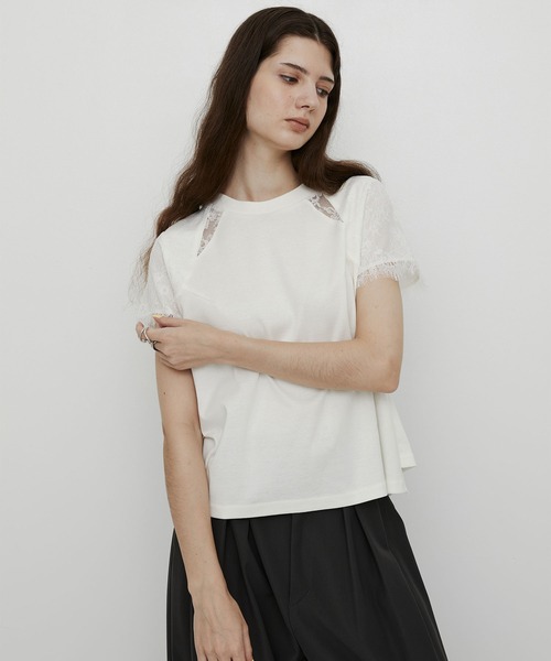 UNITED TOKYO(ユナイテッドトウキョウ)の「【新作】ショルダーレースTEE|ウォッシャブル/透け防止/ストレッチ/シアー(Tシャツ/カットソー・レディース・アイボリー/ブラック・FREE)」の1枚目の写真