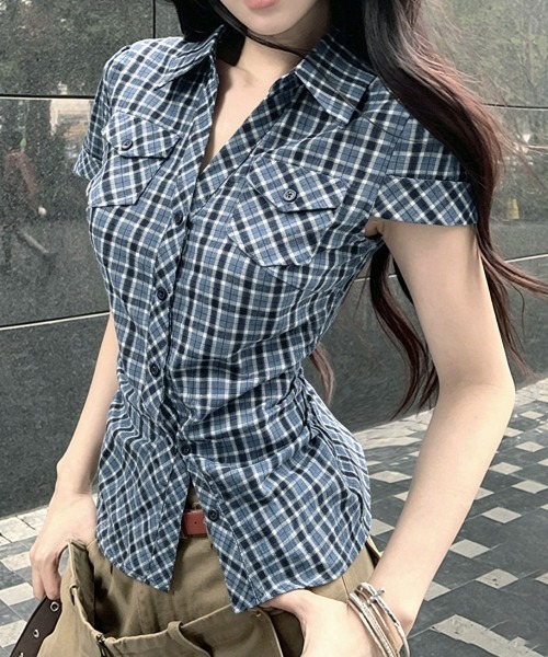 Miniministore(ミニミニストア)の「シャーリングブラウスチェック柄シャツ半袖(シャツ/ブラウス・レディース・ブルー/ピンク・L/M)」の2枚目の写真