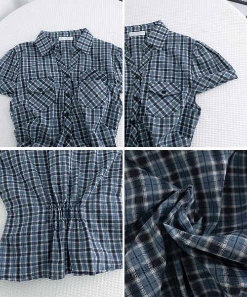 Miniministore(ミニミニストア)の「シャーリングブラウスチェック柄シャツ半袖(シャツ/ブラウス・レディース・ブルー/ピンク・L/M)」の5枚目の写真