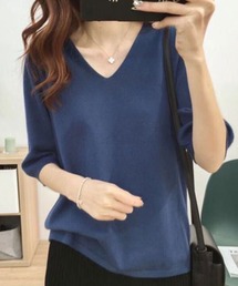 すっきり見えが叶う上品な五分袖 五分袖Vネックニットソー