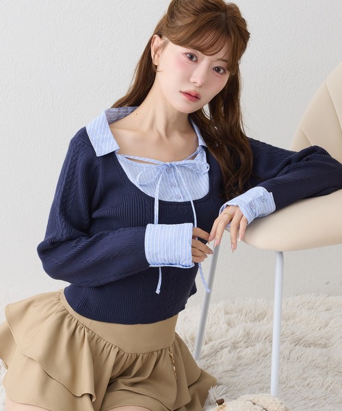 one after another NICE CLAUP(ワンアフターアナザーナイスクラップ)の「【ZOZO限定リバイバル】シャツドッキングレイヤードニット(ニット/セーター・レディース・アイボリー/グレー/ネイビー/ベージュ・FREE)」の4枚目の写真