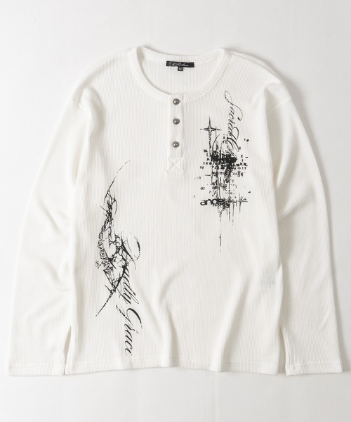 JOHN'S CLOSET(ジョンズクローゼット)の「【31】レタリングロゴ ワッフルヘンリーネック Tシャツ ソリッド/ピグメント(Tシャツ/カットソー・メンズ・レッド/ブラック系2/ホワイト系1/ブラック系1/チャコールグレー/ホワイト系2/アイボリー・SMALL/MEDIUM/LARGE)」の2枚目の写真