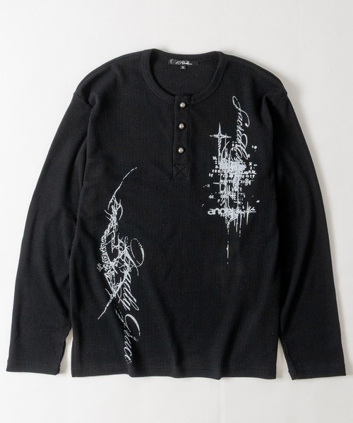 JOHN'S CLOSET(ジョンズクローゼット)の「【31】レタリングロゴ ワッフルヘンリーネック Tシャツ ソリッド/ピグメント(Tシャツ/カットソー・メンズ・レッド/ブラック系2/ホワイト系1/ブラック系1/チャコールグレー/ホワイト系2/アイボリー・SMALL/MEDIUM/LARGE)」の4枚目の写真