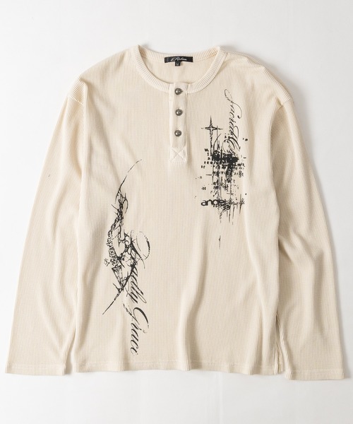 JOHN'S CLOSET(ジョンズクローゼット)の「【31】レタリングロゴ ワッフルヘンリーネック Tシャツ ソリッド/ピグメント(Tシャツ/カットソー・メンズ・レッド/ブラック系2/ホワイト系1/ブラック系1/チャコールグレー/ホワイト系2/アイボリー・SMALL/MEDIUM/LARGE)」の1枚目の写真