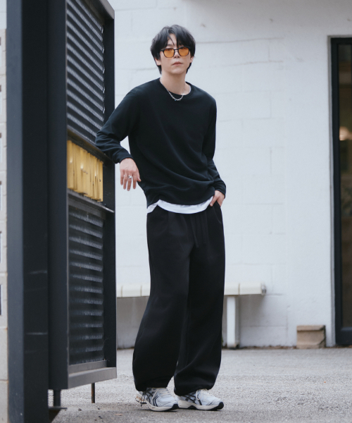 GCLIP(ジクリップ)の「2WAY ダブルピンタック ストッパー ストリング ウエストゴム ワイド トレーニングパンツ 全2色(スウェットパンツ・メンズ・ブラック/グレー・1/2)」の14枚目の写真