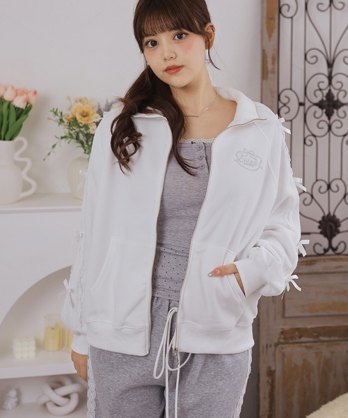 Anely(アネリー)の「スタンドカラー リボン 配色ライン ジップアップ ジャケット(パーカー・レディース・ネイビー/ホワイト/アイボリー・FREE)」の2枚目の写真