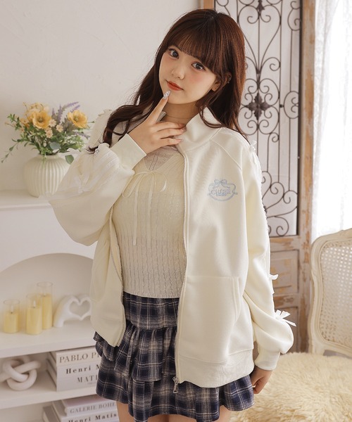 Anely(アネリー)の「スタンドカラー リボン 配色ライン ジップアップ ジャケット(パーカー・レディース・ネイビー/ホワイト/アイボリー・FREE)」の8枚目の写真