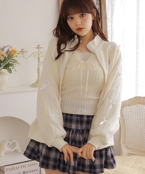 Anely(アネリー)の「スタンドカラー リボン 配色ライン ジップアップ ジャケット(パーカー・レディース・ネイビー/ホワイト/アイボリー・FREE)」の9枚目の写真