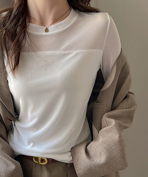 Doux Belle(ドゥーベル)の「シアー切り替えトップス(Tシャツ/カットソー・レディース・ホワイト/ダークブラウン/ブラック・MEDIUM)」の4枚目の写真