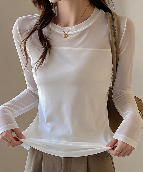 Doux Belle(ドゥーベル)の「シアー切り替えトップス(Tシャツ/カットソー・レディース・ホワイト/ダークブラウン/ブラック・MEDIUM)」の5枚目の写真