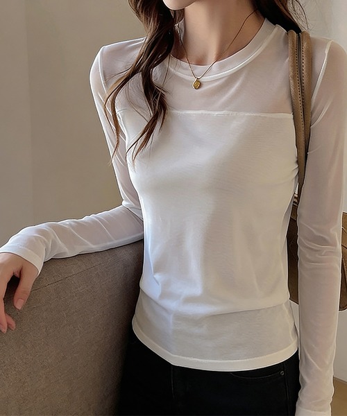Doux Belle(ドゥーベル)の「シアー切り替えトップス(Tシャツ/カットソー・レディース・ホワイト/ダークブラウン/ブラック・MEDIUM)」の6枚目の写真