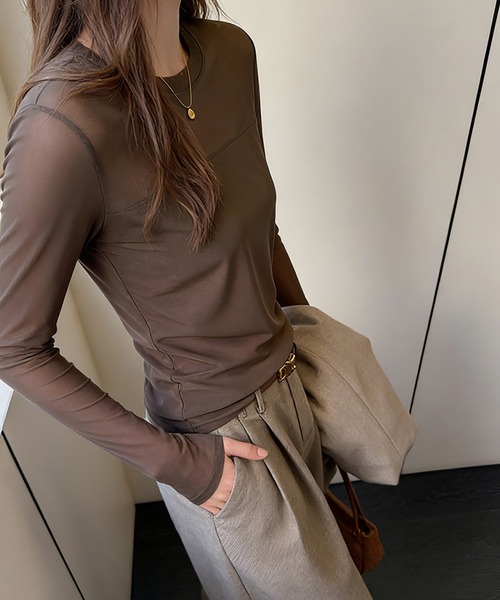 Doux Belle(ドゥーベル)の「シアー切り替えトップス(Tシャツ/カットソー・レディース・ホワイト/ダークブラウン/ブラック・MEDIUM)」の13枚目の写真