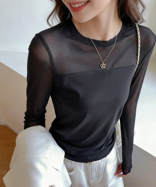Doux Belle(ドゥーベル)の「シアー切り替えトップス(Tシャツ/カットソー・レディース・ホワイト/ダークブラウン/ブラック・MEDIUM)」の17枚目の写真