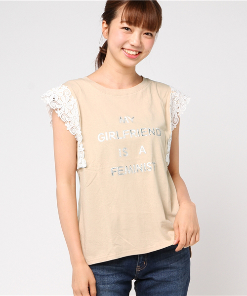salle de bal（サルデバル）の「レース袖シャイニープリントTシャツ（Tシャツ/カットソー・レディース・ベージュ/ホワイト・FREE）」の10枚目の写真