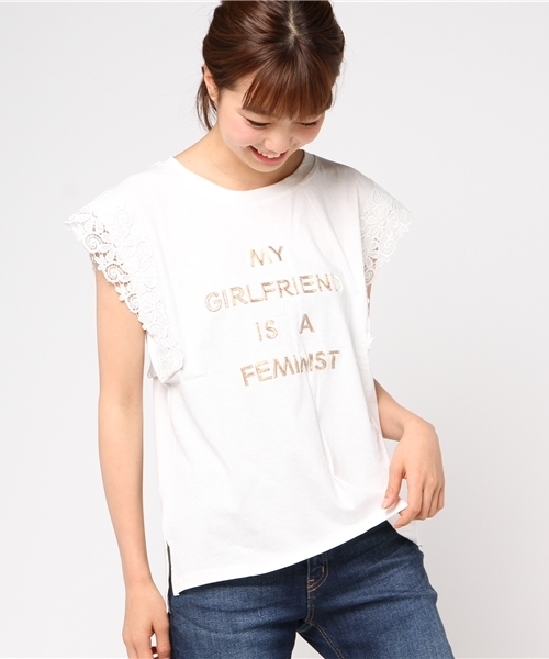 salle de bal（サルデバル）の「レース袖シャイニープリントTシャツ（Tシャツ/カットソー・レディース・ベージュ/ホワイト・FREE）」の2枚目の写真