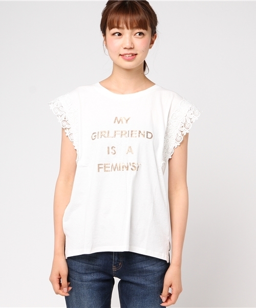 salle de bal（サルデバル）の「レース袖シャイニープリントTシャツ（Tシャツ/カットソー・レディース・ベージュ/ホワイト・FREE）」の3枚目の写真