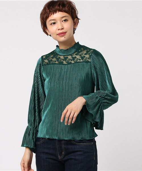 OLIVE des OLIVE（オリーブデオリーブ）の「・【OLIVE des OLIVE】レース切替ベロアプルオーバー（Tシャツ/カットソー・レディース・ブラック/ベージュ/グリーン/ボルドー・FREE）」の3枚目の写真