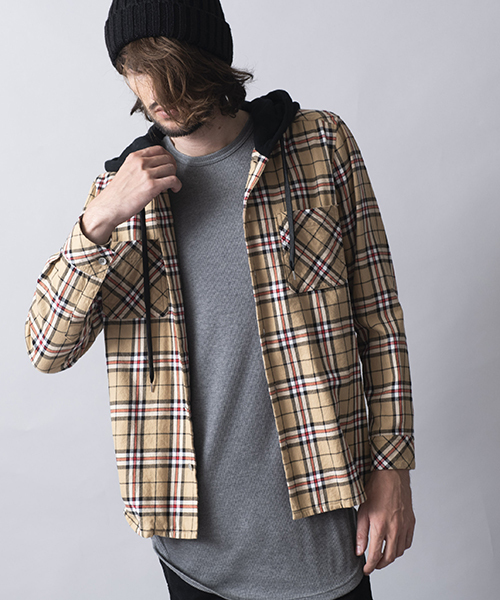 NO ID.（ノーアイディ）の「ms3616-フード付きネルチェックＳＨ シャツ（シャツ/ブラウス・メンズ・キャメル/グレー/ネイビー・1/2）」の3枚目の写真