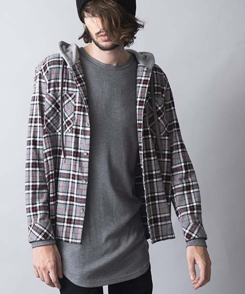 NO ID.（ノーアイディ）の「ms3616-フード付きネルチェックＳＨ シャツ（シャツ/ブラウス・メンズ・キャメル/グレー/ネイビー・1/2）」の2枚目の写真