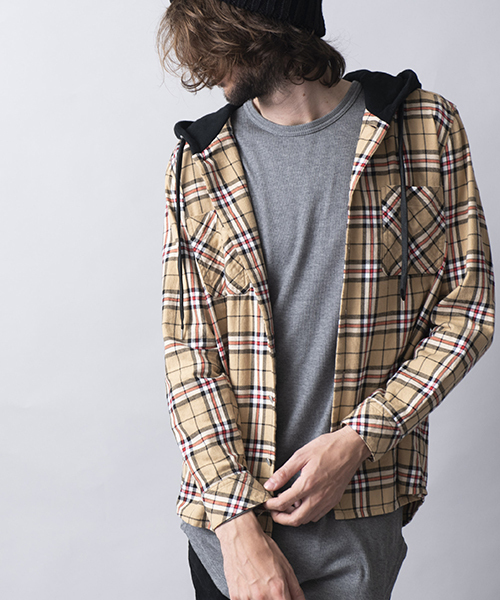 NO ID.（ノーアイディ）の「ms3616-フード付きネルチェックＳＨ シャツ（シャツ/ブラウス・メンズ・キャメル/グレー/ネイビー・1/2）」の22枚目の写真