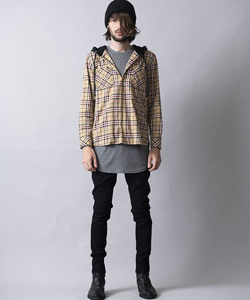 NO ID.（ノーアイディ）の「ms3616-フード付きネルチェックＳＨ シャツ（シャツ/ブラウス・メンズ・キャメル/グレー/ネイビー・1/2）」の5枚目の写真