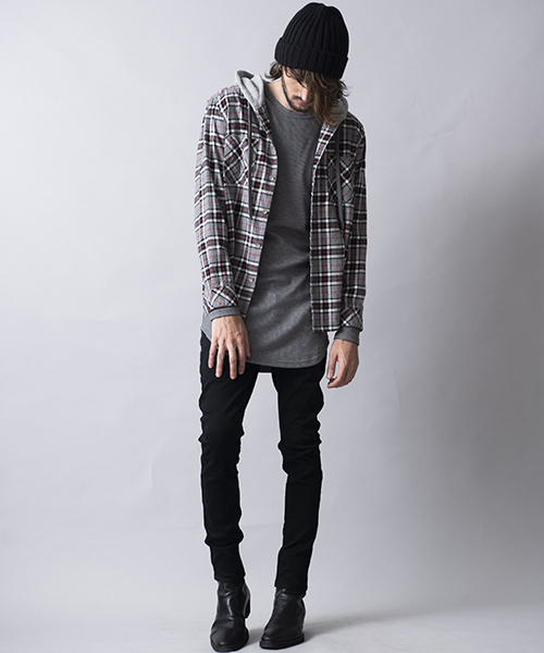 NO ID.（ノーアイディ）の「ms3616-フード付きネルチェックＳＨ シャツ（シャツ/ブラウス・メンズ・キャメル/グレー/ネイビー・1/2）」の9枚目の写真