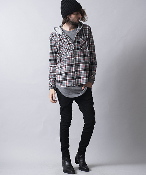 NO ID.（ノーアイディ）の「ms3616-フード付きネルチェックＳＨ シャツ（シャツ/ブラウス・メンズ・キャメル/グレー/ネイビー・1/2）」の16枚目の写真