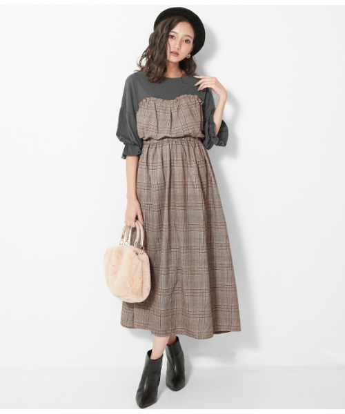 CHILLE（チル）の「チェック柄ビスチェ切替ワンピース（ワンピース・レディース・ベージュ/グレー・FREE）」の8枚目の写真