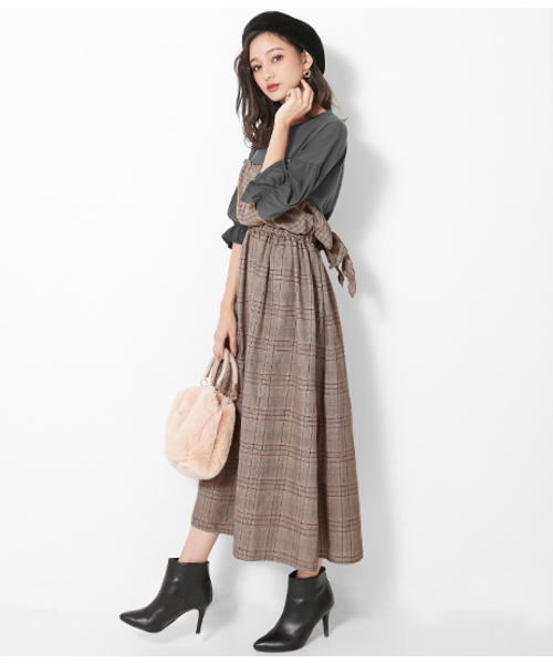 CHILLE（チル）の「チェック柄ビスチェ切替ワンピース（ワンピース・レディース・ベージュ/グレー・FREE）」の9枚目の写真
