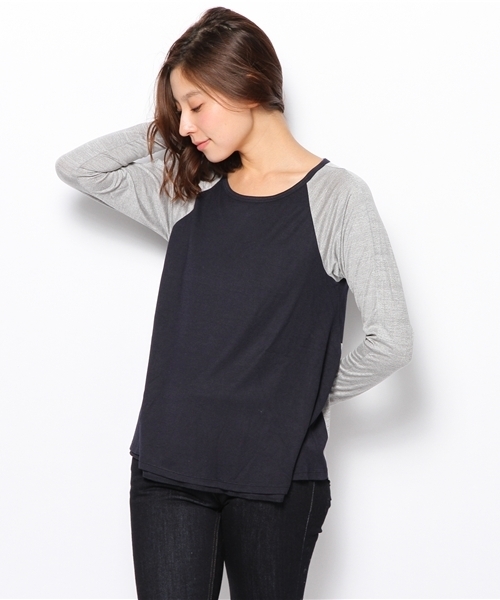 PLST（プラステ）の「レーヨン混バイカラードレープカットソー（Tシャツ/カットソー・レディース・ヘザーグレー/ネイビー/コーラル・2）」の2枚目の写真