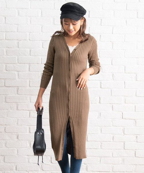 夢展望 ユメテンボウ の ワイドリブニットロングカーデワンピース ワンピース Wear