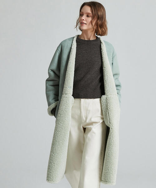 MACPHEE(マカフィー)の「エコムートン リバーシブルコート(ノーカラーコート・レディース・ミント/ライトベージュ・36)」の2枚目の写真