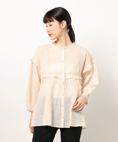 Samansa Mos2（サマンサ モスモス）の「シャーリングフリルブラウス（シャツ/ブラウス・レディース・キナリ/ブラック/オフホワイト・ﾌﾘ-）」の6枚目の写真