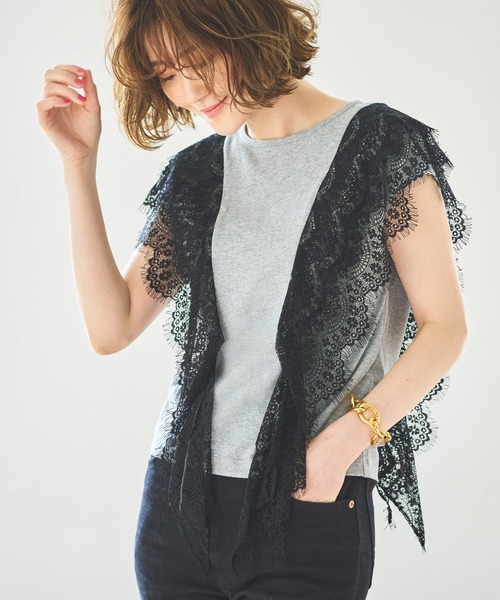 tシャツ 洗える ｜ スウィングレースフレンチスリーブTシャツ ｜ 半袖 トップス 体型カバー レース オフィスカジュアル 通勤服 華やか カットソー セール】洗える ｜ スウィングレースフレンチスリーブTシャツ