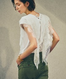 洗える | スウィングレースフレンチスリーブTシャツ | 半袖 トップス 体型カバー レース オフィスカジュアル 通勤服 華やか カットソー Tシャツ