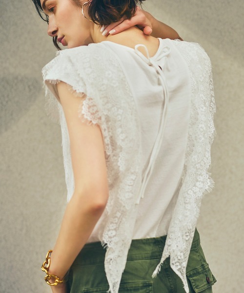 RUIRUE BOUTIQUE(ルイルエブティック)の「洗える | スウィングレースフレンチスリーブTシャツ | 半袖 トップス 体型カバー レース オフィスカジュアル 通勤服 華やか カットソー Tシャツ(Tシャツ/カットソー・レディース・ブラック/オフホワイト/杢グレー・LL/S/M/L)」の15枚目の写真