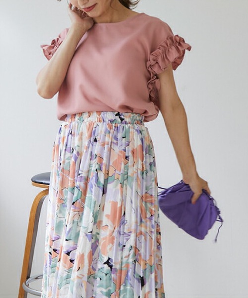 Drawer - シクラス ザシークレットクローゼット ギャザーブラウス ピンク 半袖ブラウス ピンクコーデ ギャザーハイネック くすみピンク 2WAY ブラウス