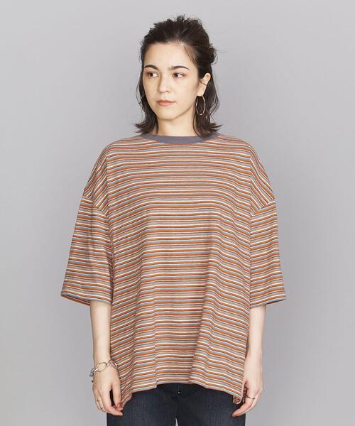 BEAUTY&YOUTH UNITED ARROWS(ビューティーアンドユースユナイテッドアローズ)の「BY クルーネックランダムボーダー6分袖 Tシャツ◆(Tシャツ/カットソー・レディース・ダークブラウン/オレンジ系その他/ネイビー・FREE)」の4枚目の写真