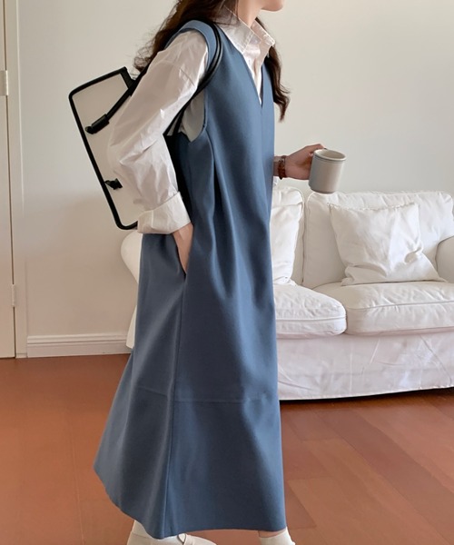 Diosfront（ディオスフロント）の「フェイクウールVネックマキシワンピース（ワンピース・レディース・ベージュ/ブラック/ブルーグリーン/ダークグリーン/キャメル/ネイビー/グレー/ブラウン・M/L/XL）」の7枚目の写真