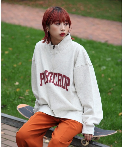 ZIP FIVE(ジップファイブ)の「【PORKCHOP】 ビックシルエット ハーフジップカレッジスウェット/トレーナー裏起毛 【ユニセックス】(スウェット・メンズ・オートミール/ブラック/ネイビー/杢グレー・LARGE/MEDIUM/X-LARGE)」の3枚目の写真