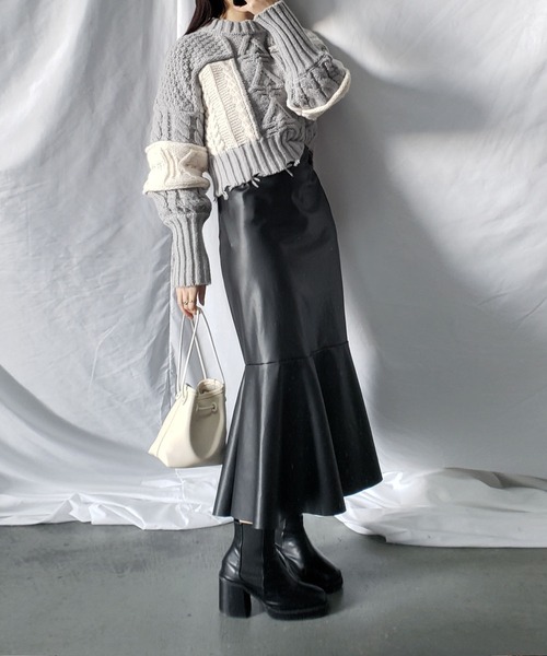 セール】バイカラーパッチワーククロップドニットトップス（ニット